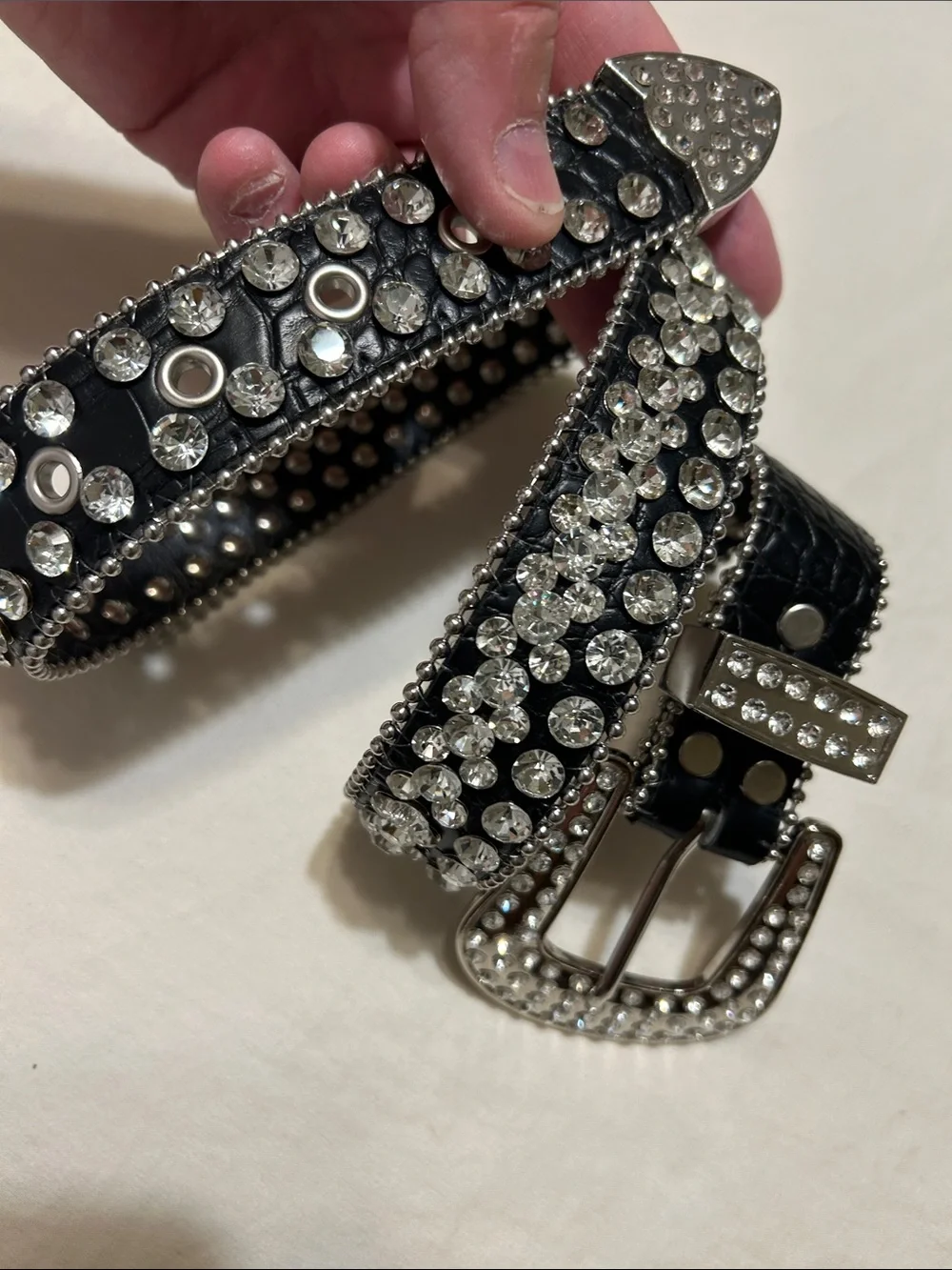 Women's Black Crystal-Studded Leather Belt - Sparkling Accent